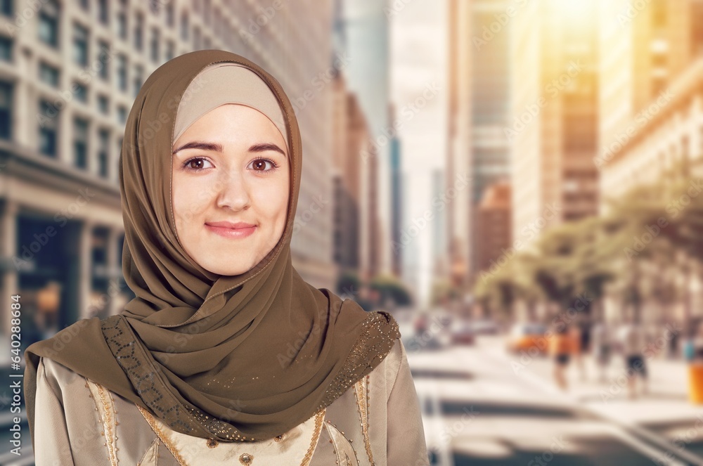 Poster portrait of young arabian muslim woman, ai generated image