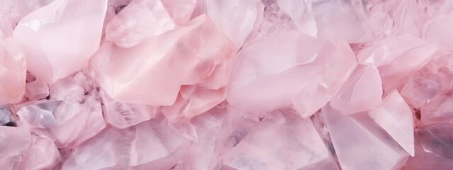 Closeup of many pink rose quartz stones texture background banner, top view
