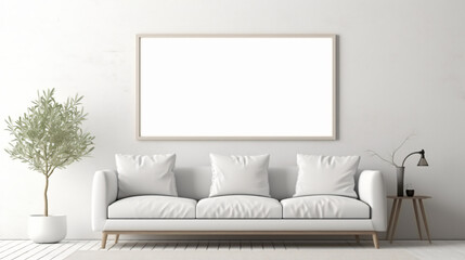 Fototapeta Blank horizontal poster frame mock up in minimal white style living room interior, modern living room interior background obraz