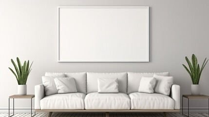 Fototapeta Blank horizontal poster frame mock up in minimal white style living room interior, modern living room interior background obraz