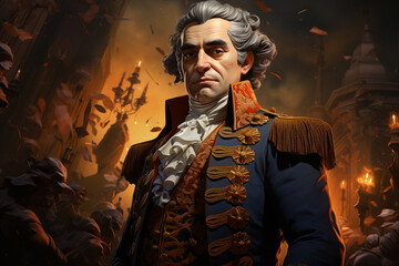 Graphic novel style illustration of French nobility during the French revolution. Paris riots and burning in the background.