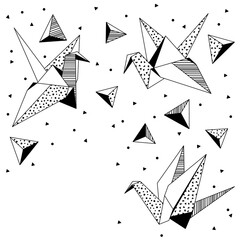 Background with origami cranes. Paper symbolic decorative objects.