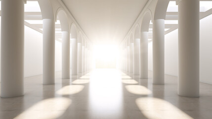 The modern, geometric design of a concrete structure allows sunlight to dance through the columns in a long, white hallway.