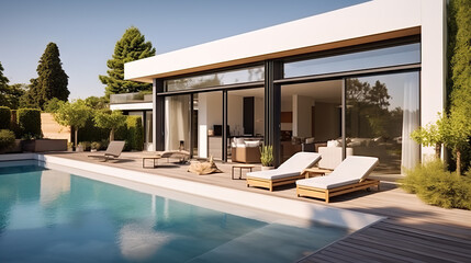 Fototapeta premium Tranquil Luxury Modern Villa with Open Plan Living, Private Chair Wing, and Serene Terrace for Ultimate Relaxation. created with Generative AI