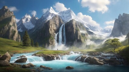 Fototapeta na wymiar landscape with lake waterfall and blue sky