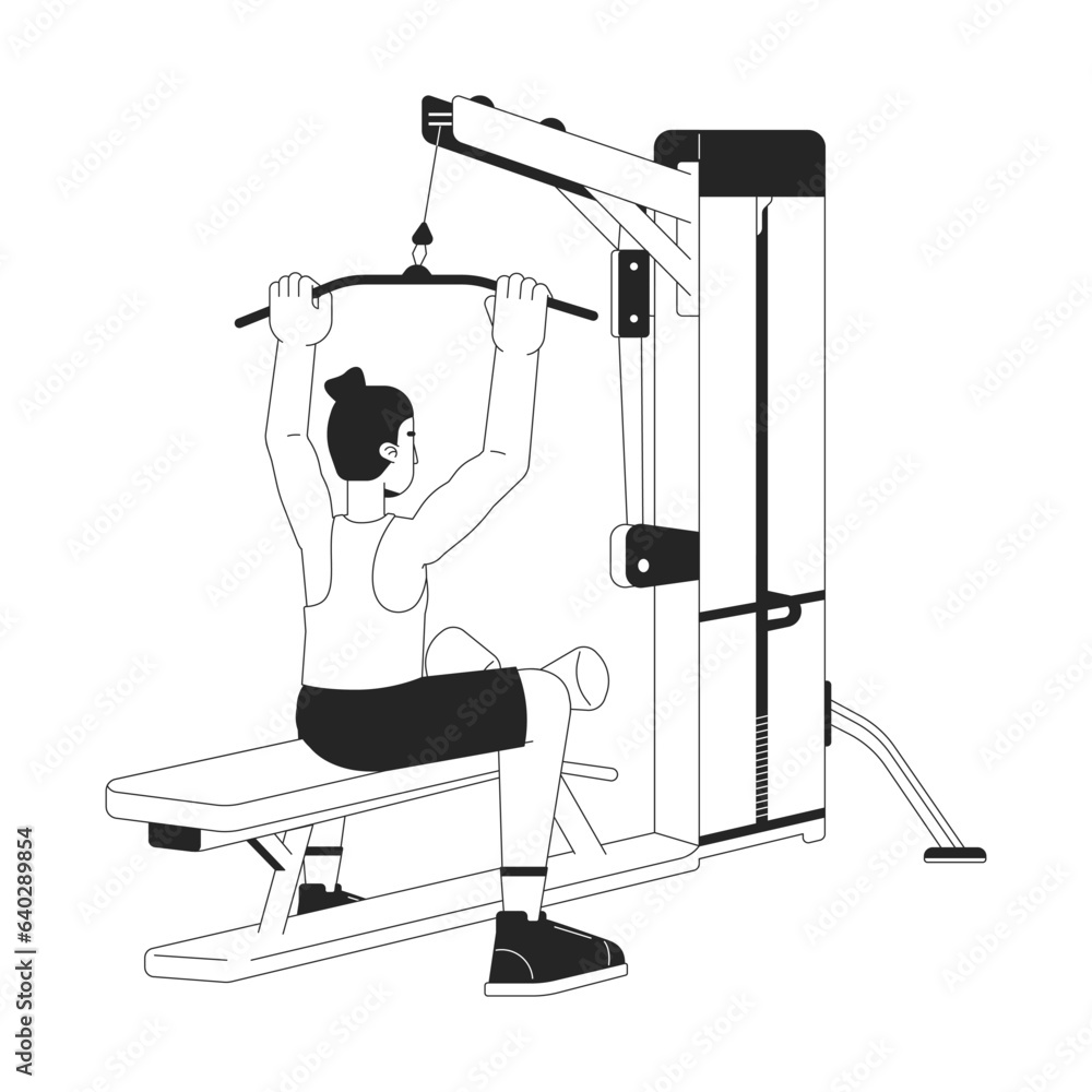 Poster man holding bar on lat pulldown machine flat line black white vector character. editable outline ful