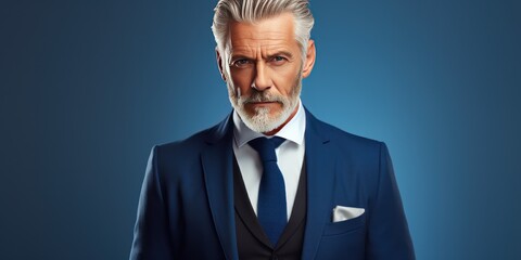 Stylish grey haired middle aged man in a blue suit. Photo with copy space on blue background. Close-up portrait.