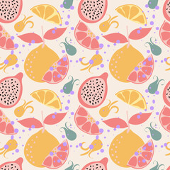 rainforest pitaya, dragon fruit, oranges hand drawn fresh seamless pattern