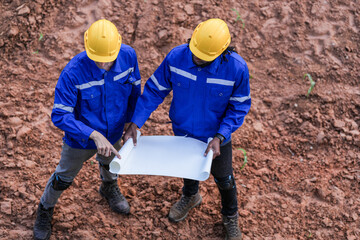 top aerial view engineer worker builders looking drawing for construction. Concept smart people...