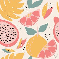oranges, pitaya, monstera leaves with grunge strokes seamless pattern. Suitable for tiles, decoration, fabric, textile, wrapping and more. 
