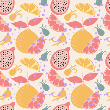 rainforest pitaya, dragon fruit, oranges hand drawn fresh seamless pattern