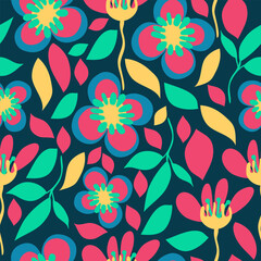 Fototapeta na wymiar pink, green, yellow colored geometric floral seamless pattern. Flowers and leaves colorful vector repeat pattern. 