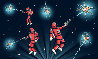 Astronauts in red spacesuits with blasters fight alien spider robots in outer space. Fight with aliens in space. Vector retro illustration.