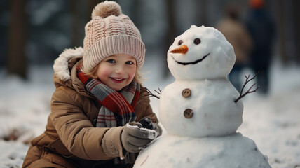 photo of Little boy with his father building snowman in snowy park.generative ai