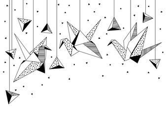 Background with origami cranes. Paper symbolic decorative objects. - obrazy, fototapety, plakaty