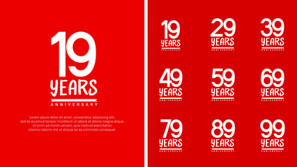 set of anniversary logo flat white color number on red background for celebration