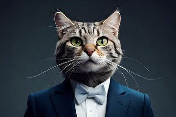 portrait of black and white cat in blue suit generated ai