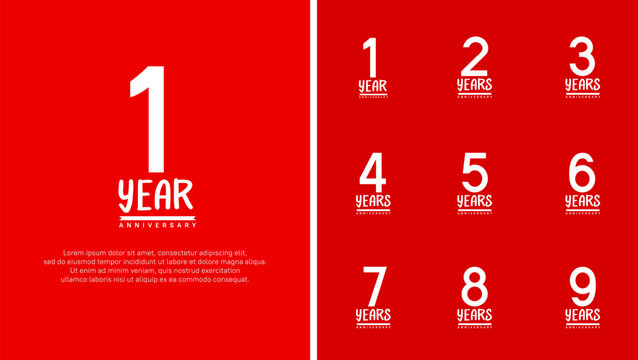 set of anniversary logo flat white color number on red background for celebration