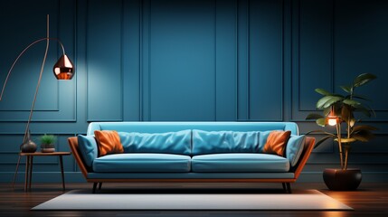 Modern living room with a blue couch and hanging lights