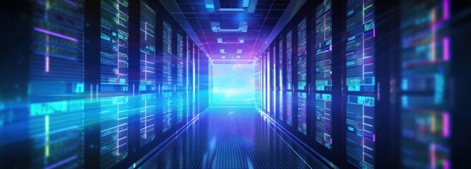 Obraz premium Server Hallway Aglow with Blue and Purple Illumination Banner