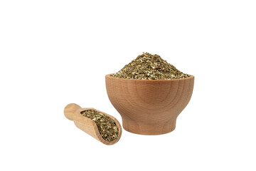 Dry Tansy Herb in latin Tanacetum vulgare in latin sambuci flos in wooden bowl and scoop isolated...