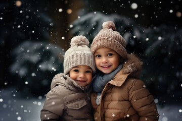 Obraz premium Two cute kids with happy faces wearing a warm hats and warm jackets surrounded with snowflakes. Winter holidays concept.