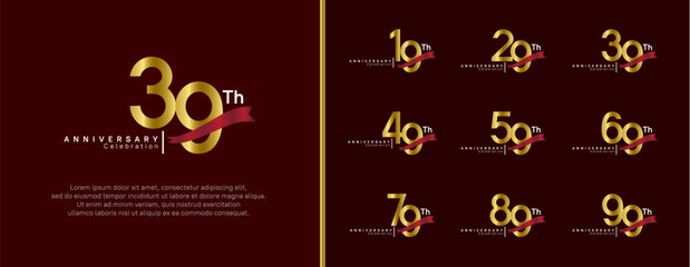 set of anniversary logo gold color number and red ribbon on brown background for celebration