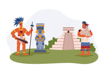 Maya people standing near statue and pyramid flat style, vector illustration
