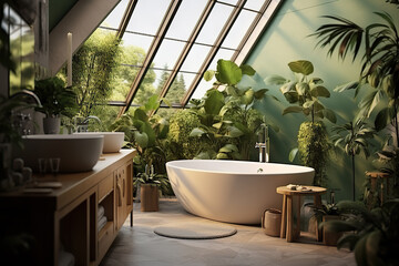 Luminous Attic Glass Bathroom with Bathtub, Subway Tiles, and Deep Forest-Style Greenery. created with Generative AI