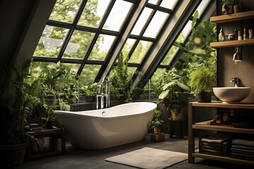 Bright Glass Bathroom with Bathtub, Subway Tiles, and Deep Forest-Style Green Plants for an Elegant Escape. created with Generative AI