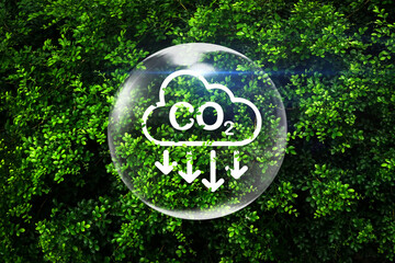 CO2 emission reduction sign and arrows down with earth globe on green leaf background for CO2...