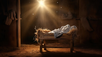 Jesus Empty Cradle Beneath Bethlehem's Guiding Silent Star    - obrazy, fototapety, plakaty