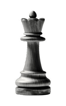 
chess queen piece isolated retro halftone dotted texture black white intelligence collage element for vintage magazine style design