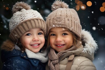 Two cute kids with happy faces wearing a warm hats and warm jackets surrounded with snowflakes. Winter holidays concept.