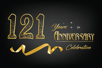 Celebrate the 121th anniversary with gold letters, gold ribbons and confetti on a dark background
