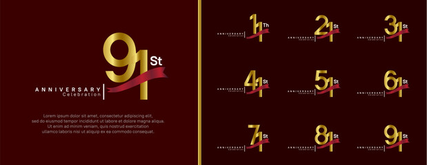 set of anniversary logo gold color number and red ribbon on brown background for celebration