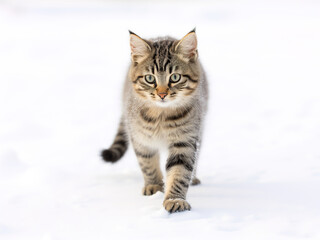 Gray striped cat walking on the snow