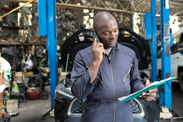 Fototapeta na wymiar male worker talking on smartphone with customer in garage