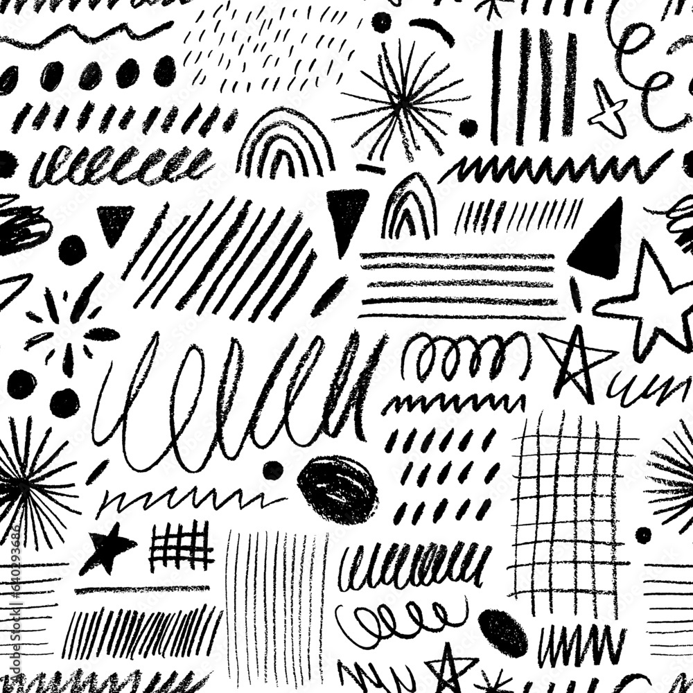 Poster random childish pencil drawn shapes and scribbles seamless pattern. charcoal strokes, curly lines an