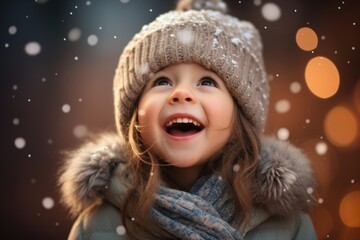 Cute child with happy face wearing a warm hat and warm jacket surrounded with snowflakes. Winter holidays concept.