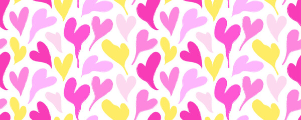 Groovy seamless pattern with wavy and melt hearts. Cute romantic pink hearts background print. Happy Valentines day seamless banner. Psychedelic distorted vector background in 1970s-1980s retro style.
