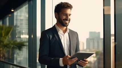 Happy young Latin business man executive holding pad computer at work. Male professional employee using digital tablet fintech device standing in office - generative AI, fiction Person