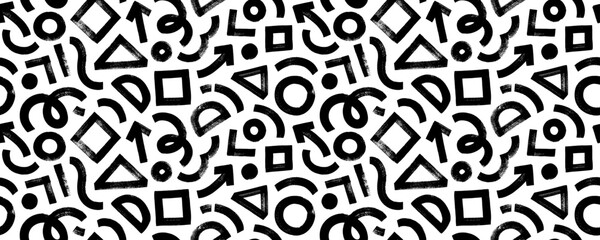 Modern abstract background with primary geometric shapes. Brush drawn circles, triangle, square, arrow and wavy lines. Creative abstract geometric banner background in grunge sketch style.