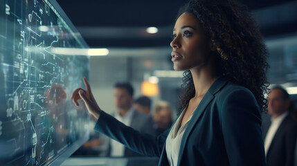 Black female, Chief of data systems, explaining to her team the application of artificial intelligence to their company's processes.