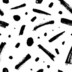 Doodle brush strokes and dots seamless pattern. Trendy design with basic shapes. Simple party confetti texture, childish background. Scribble brush strokes vector background.