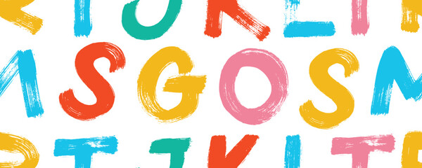 Seamless banner design with colorful childish letters. Brush drawn graffiti style typography seamless pattern. Vector stamp typography print with grunge texture. Cute multi colored playful font.