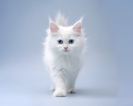 Elegant Turkish Angora Kitten: Walking on Light Blue