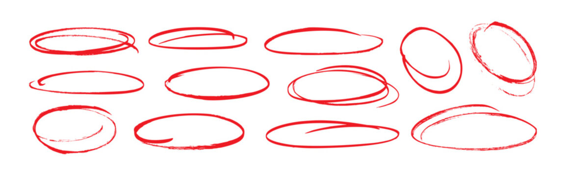 Set of hand drawn red doodle ellipses. Bright red scribble ovals and bubbles to circle and highlight text. Collection of different brush drawn black circles. Marker round elements isolated on white.