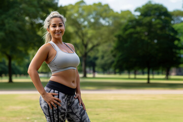 Empowered Moves: Plump Woman's Self-Portrait in Park Exercise