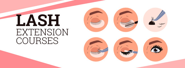 Lash extension courses advertising banner, flat vector illustration.